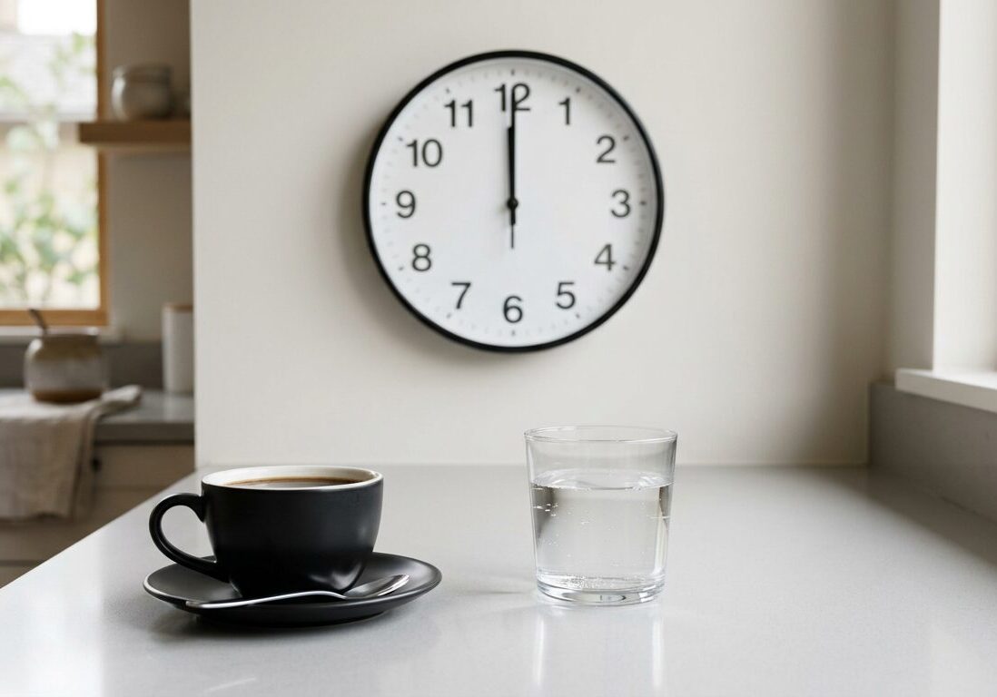 Firefly_A close-up of a clean kitchen counter with a glass of water, a black coffee cup, and 712324_53bcabff