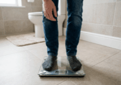 Firefly_Gemini Flash_A person standing on a bathroom scale