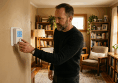 man adjusts the thermostat