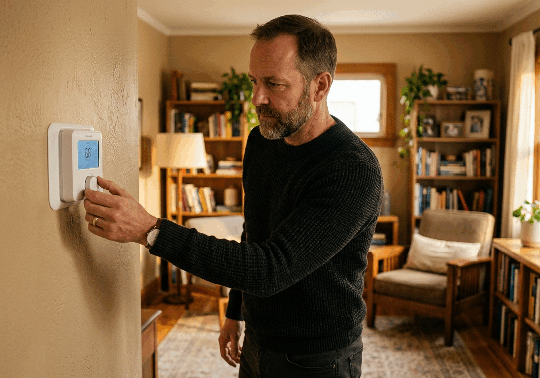 man adjusts the thermostat