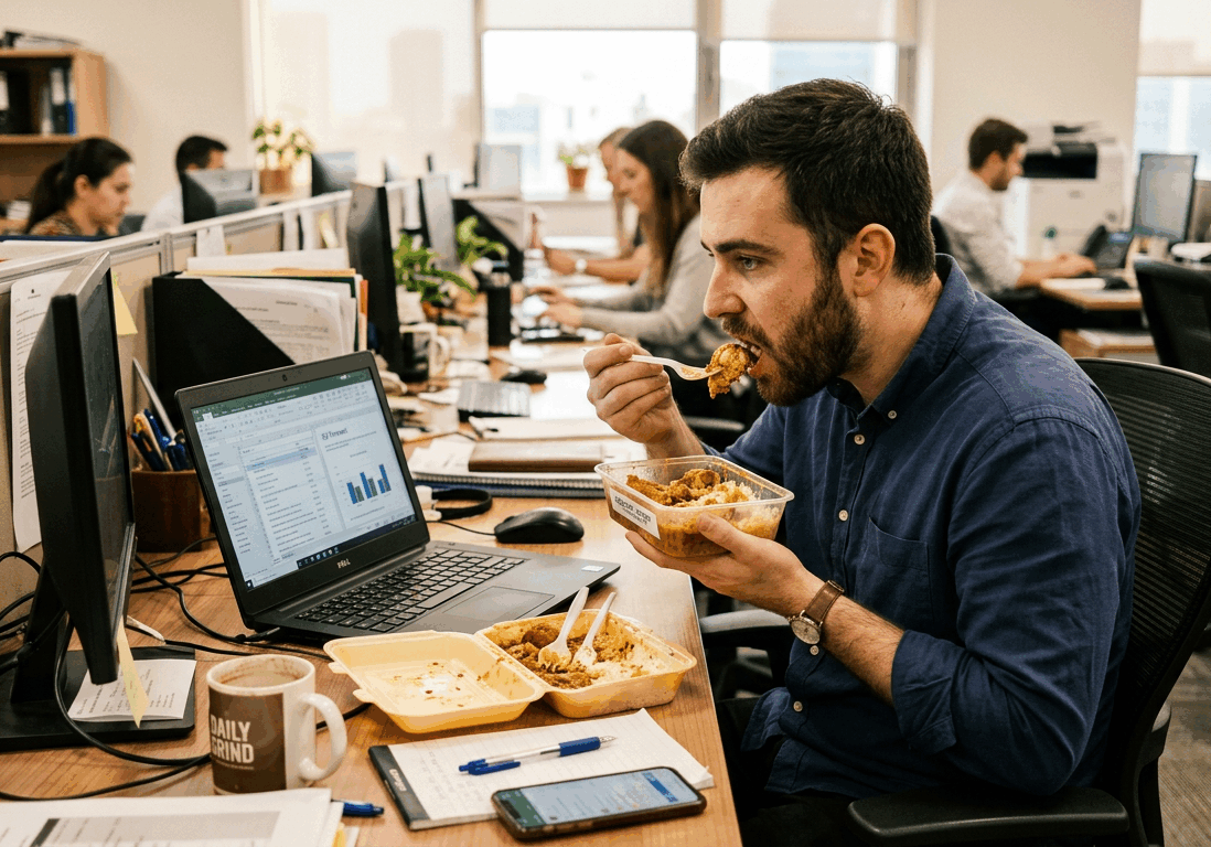 man eats lunch at his office desk