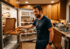 man finishes a run and walks into his kitchen
