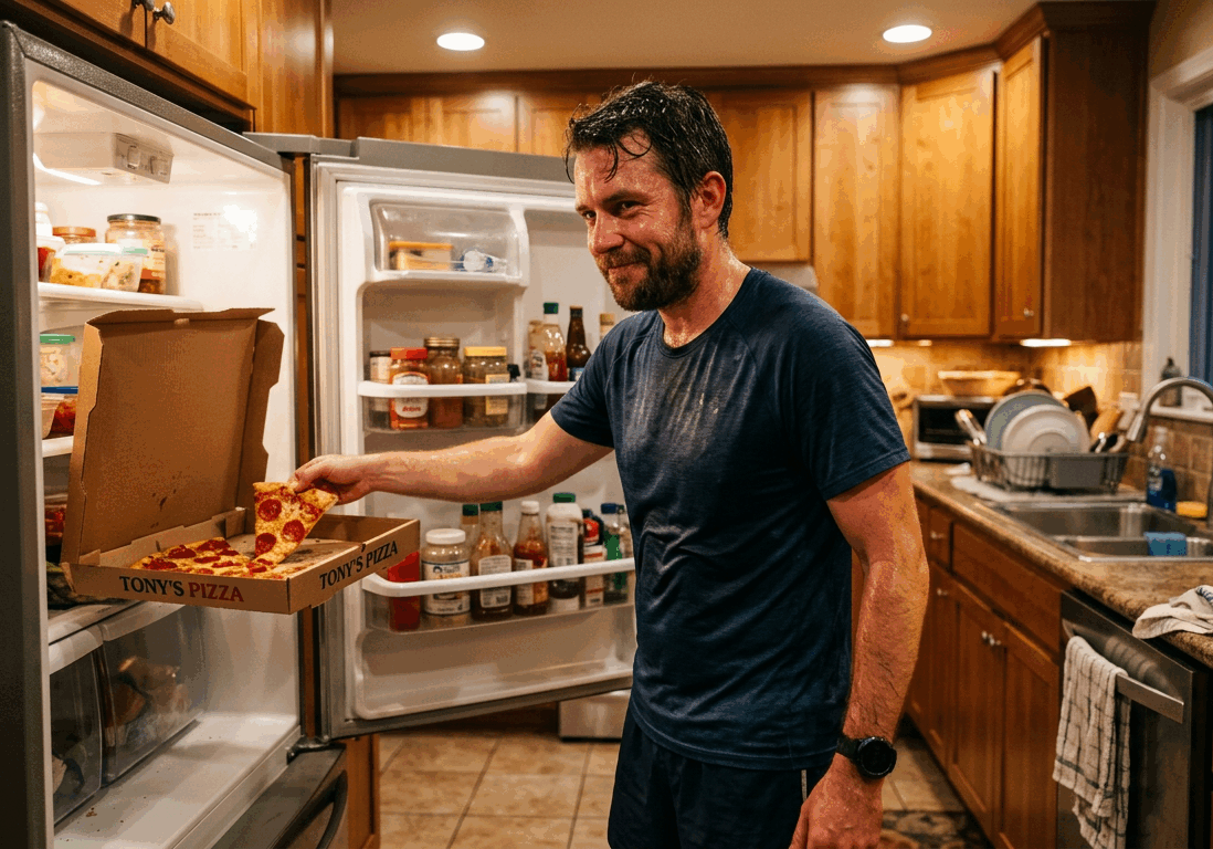 man finishes a run and walks into his kitchen