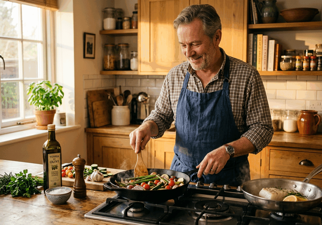 man in his fifties cooks