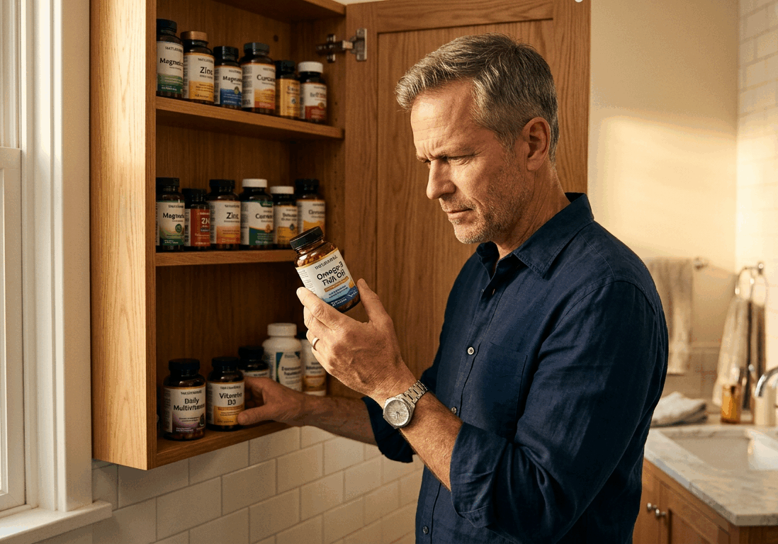 man in his fifties opens a supplement cabinet
