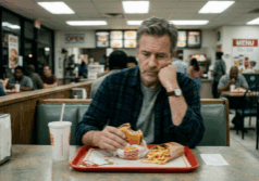 man in his fifties sits at a fast food restaurant