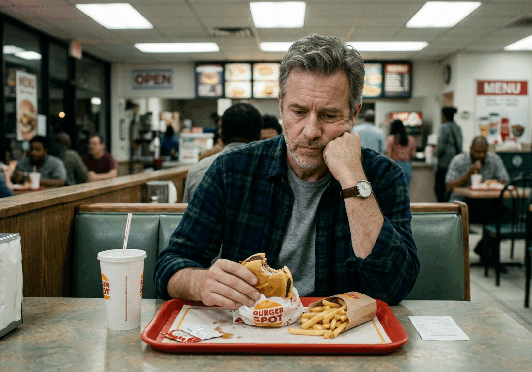 man in his fifties sits at a fast food restaurant
