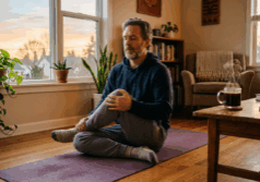 man in his fifties sits on a yoga mat