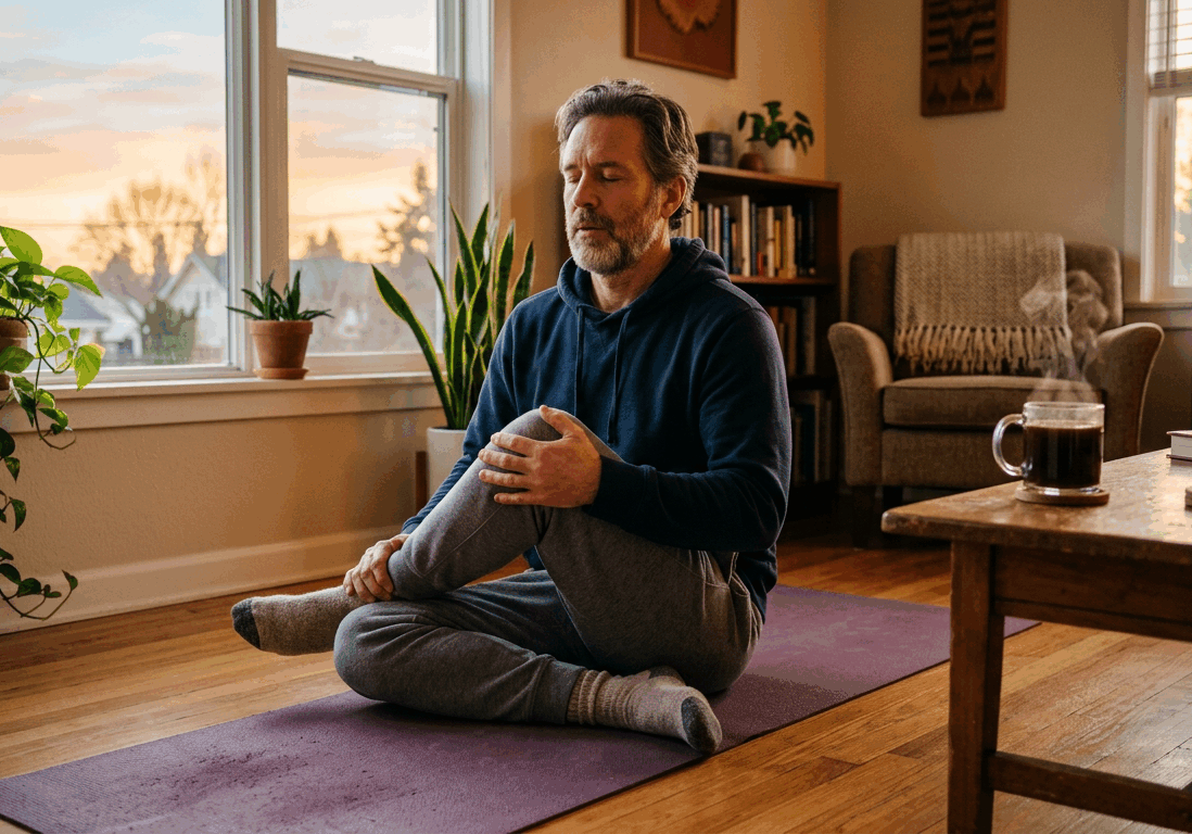 man in his fifties sits on a yoga mat