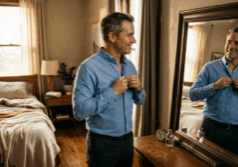 man in his forties buttons up a shirt