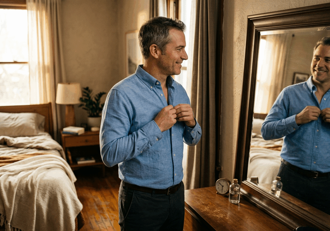 man in his forties buttons up a shirt