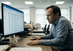 man in his forties presses both palms flat on his office desk