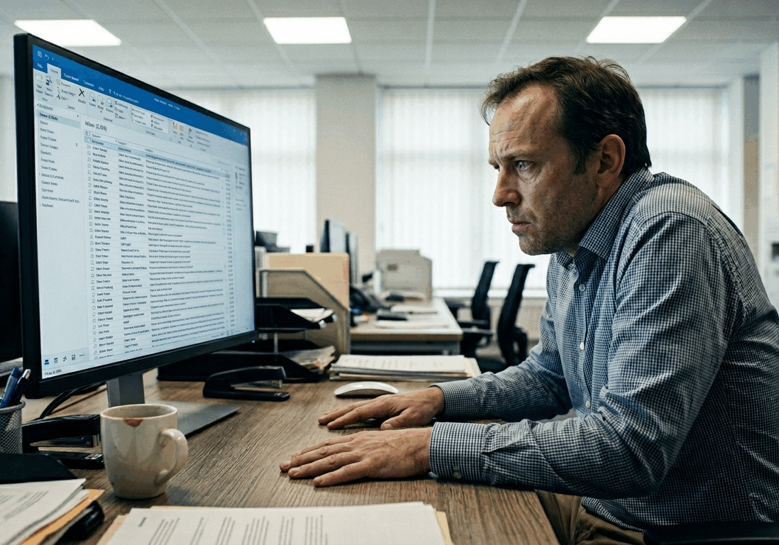 man in his forties presses both palms flat on his office desk