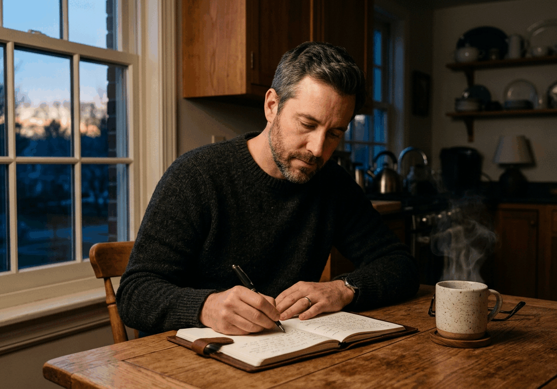 man in his forties sits at a kitchen