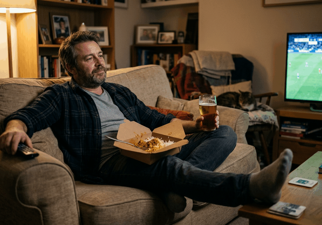 man in his forties sits on a couch