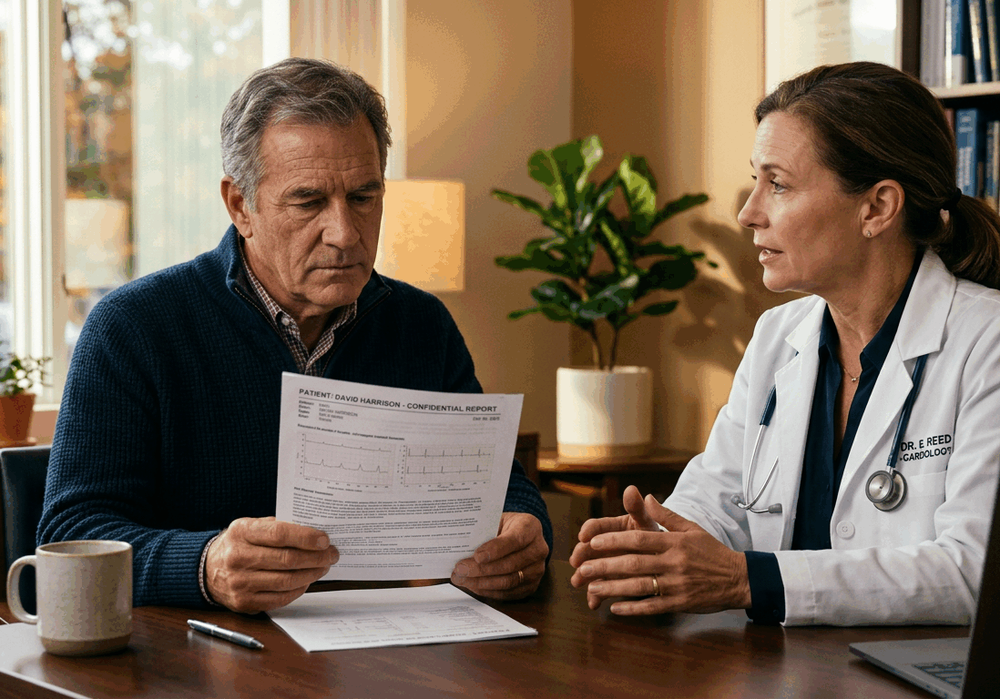 man in his late fifties sits in a doctor's office