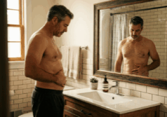 man in his late forties stands shirtless