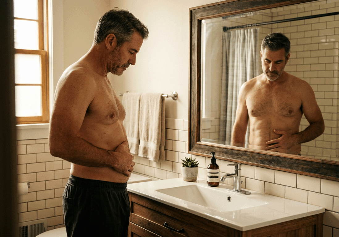 man in his late forties stands shirtless