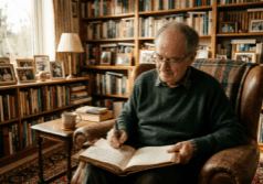 man in his late sixties sits alone