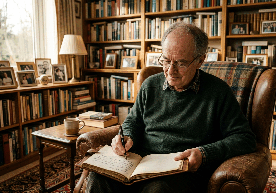 man in his late sixties sits alone