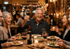 man in his seventies laughs loudly at a dinner table with friends