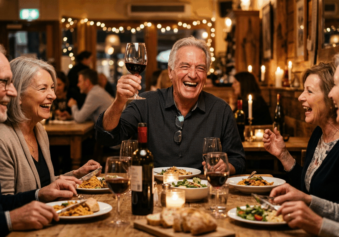 man in his seventies laughs loudly at a dinner table with friends