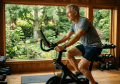 man in his sixties rides a stationary bike