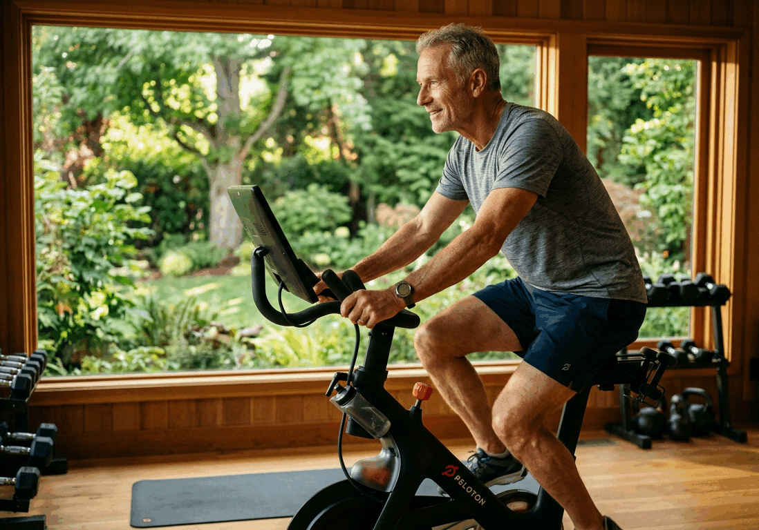 man in his sixties rides a stationary bike