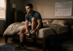 man laces up his sneakers