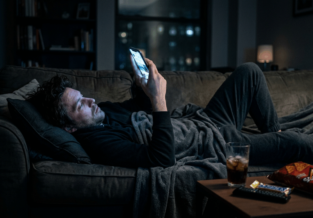 man lies on the couch late at night