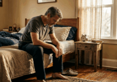 man on the edge of his bed