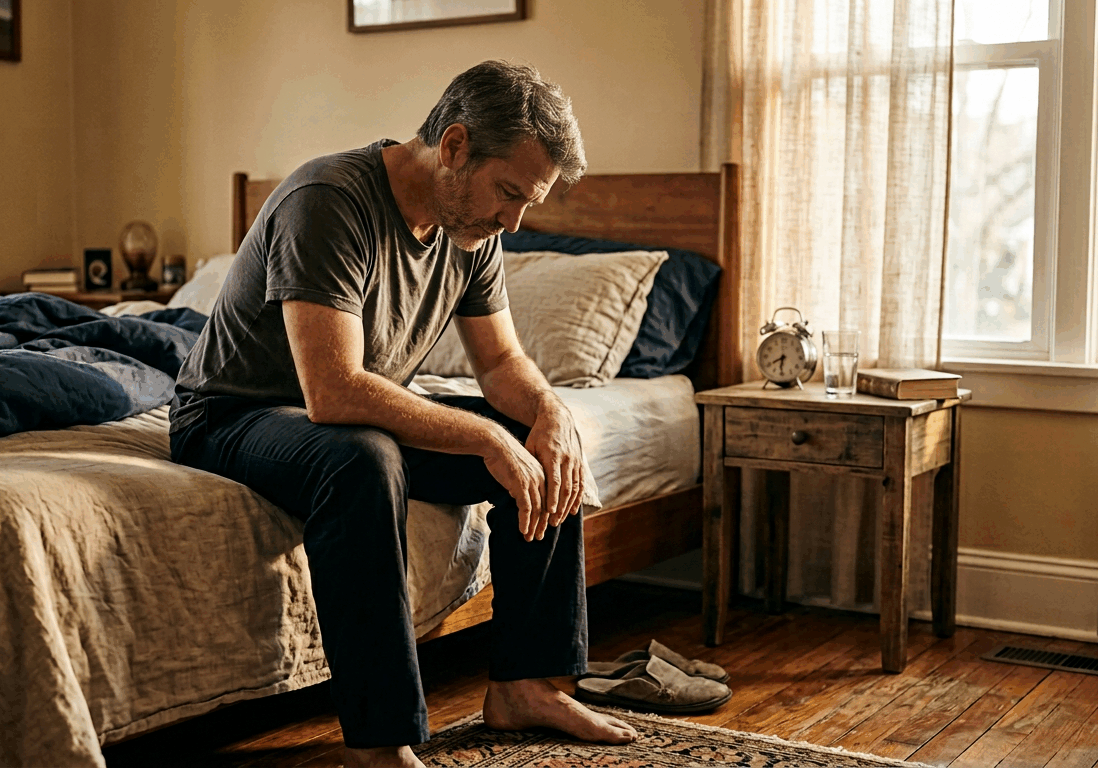 man on the edge of his bed