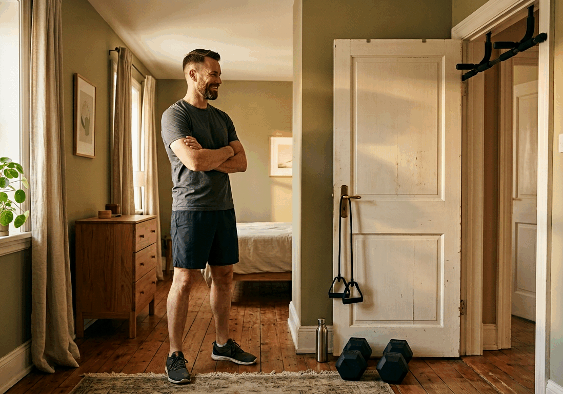 man sets up a minimal home workout space