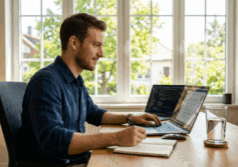 man sits at a clean uncluttered desk