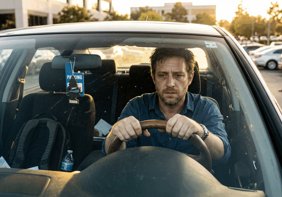 man sits in his car in a parking lot