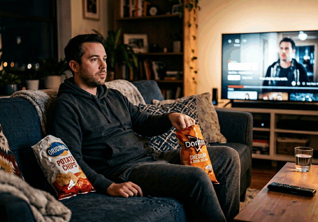 man sits on a couch in the evening