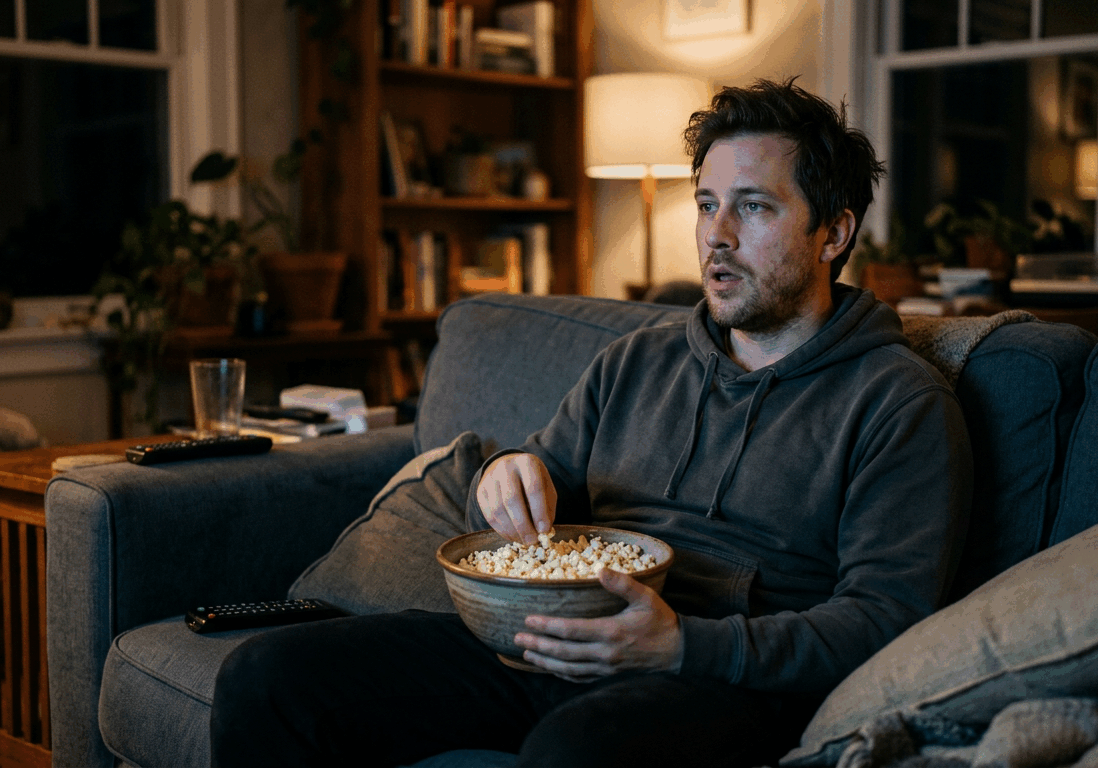 man sits on a couch with popcorn, 973562