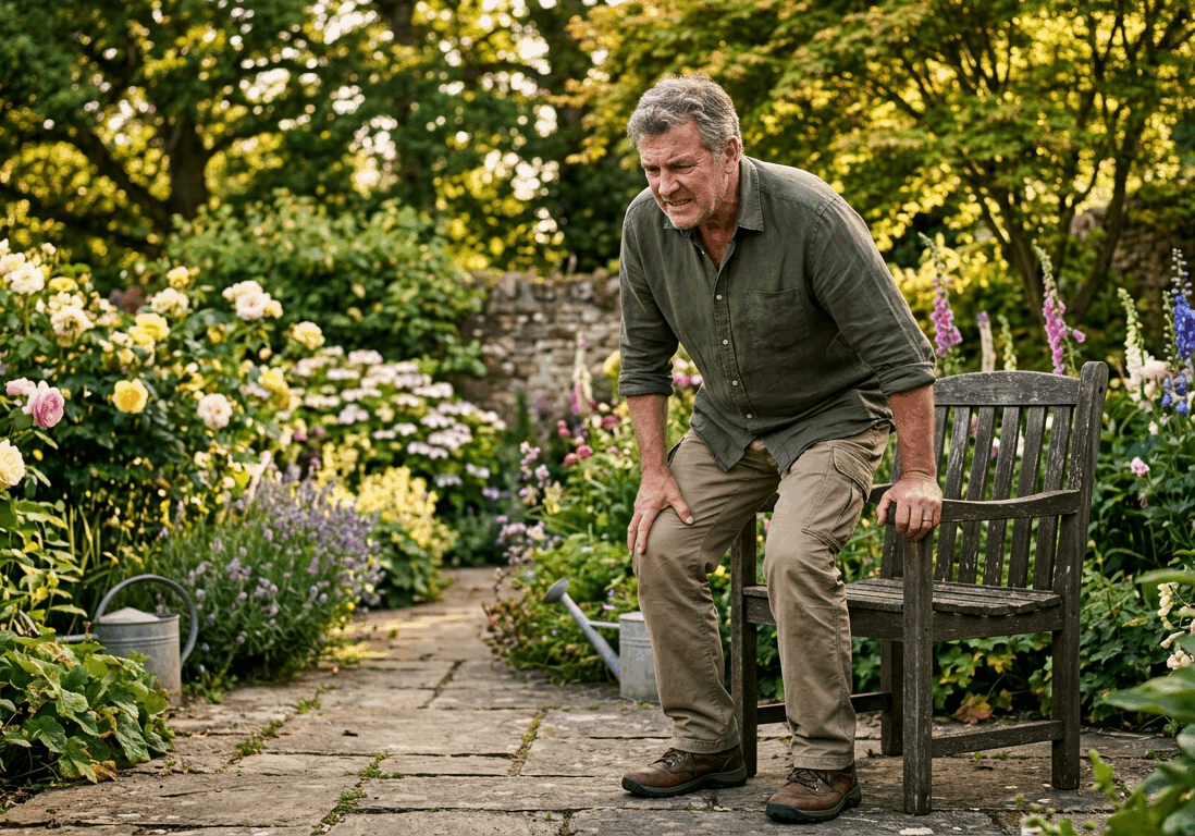 man stands up slowly from a garden chair