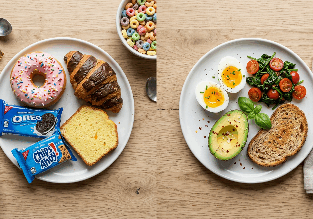 plate of sugary pastries and processed food vs natural food