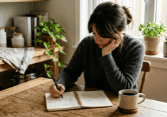 sitting at a kitchen table with a notebook