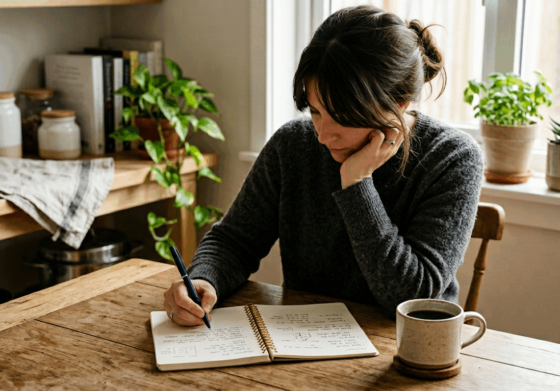 sitting at a kitchen table with a notebook