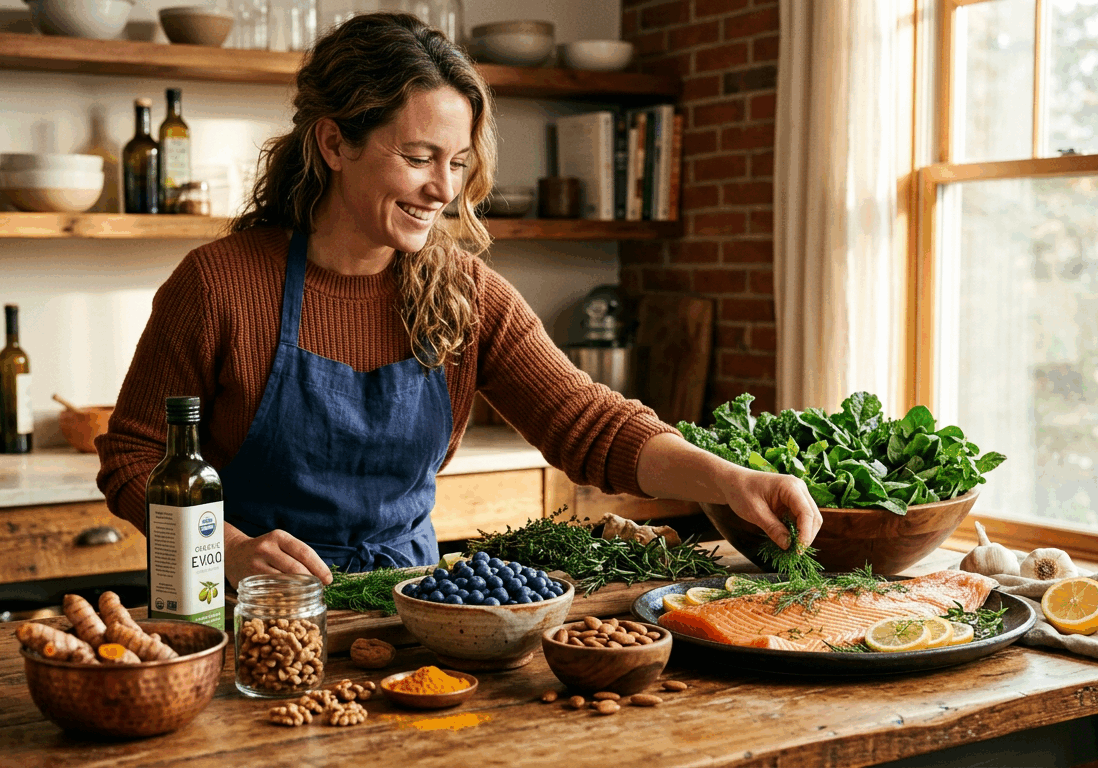 woman arranges a vibrant spread of whole foods