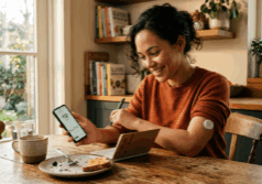 woman checks a continuous glucose monitor