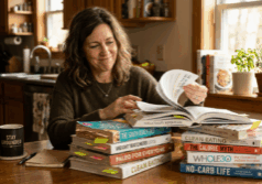 woman flips through a stack of dog-eared diet books