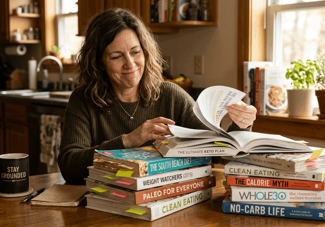 woman flips through a stack of dog-eared diet books