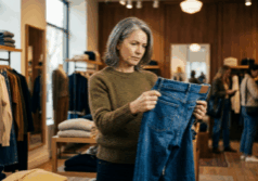 woman holding up a pair of jeans
