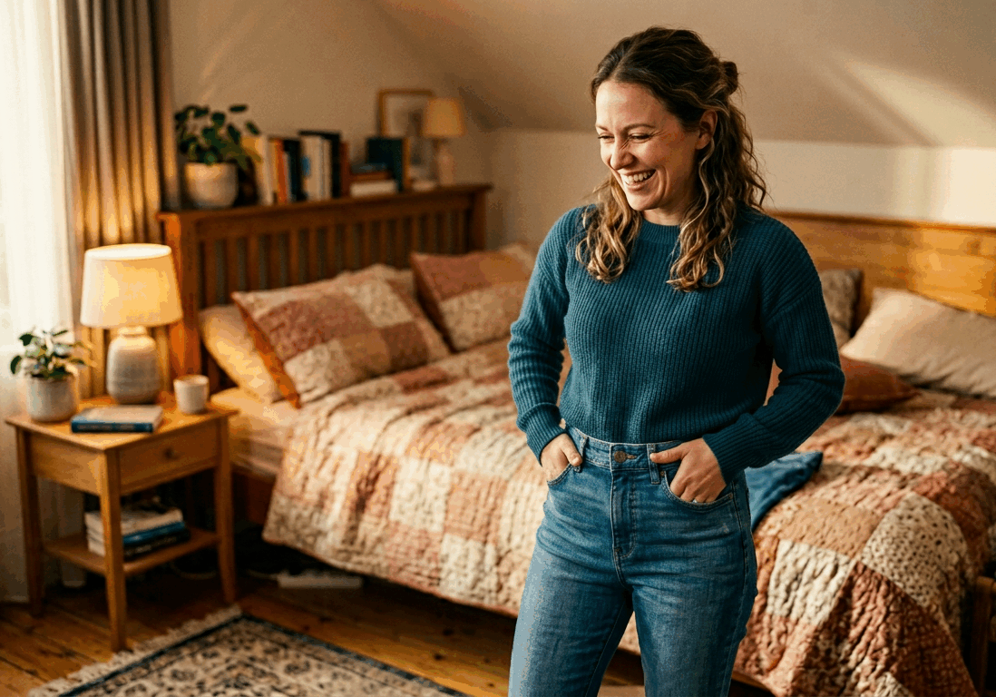 woman holds up a pair of jeans