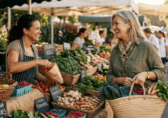woman in her fifties shops at a farmers market