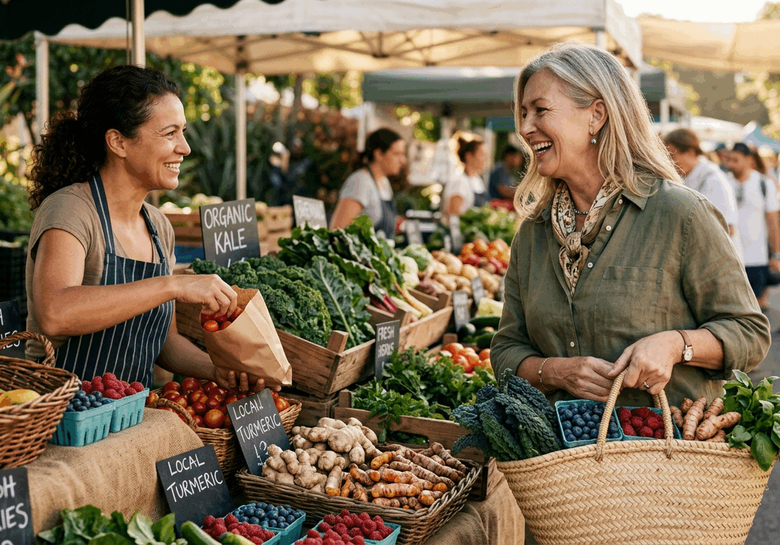 woman in her fifties shops at a farmers market