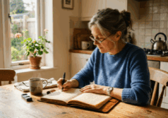woman in her fifties writes in a journal